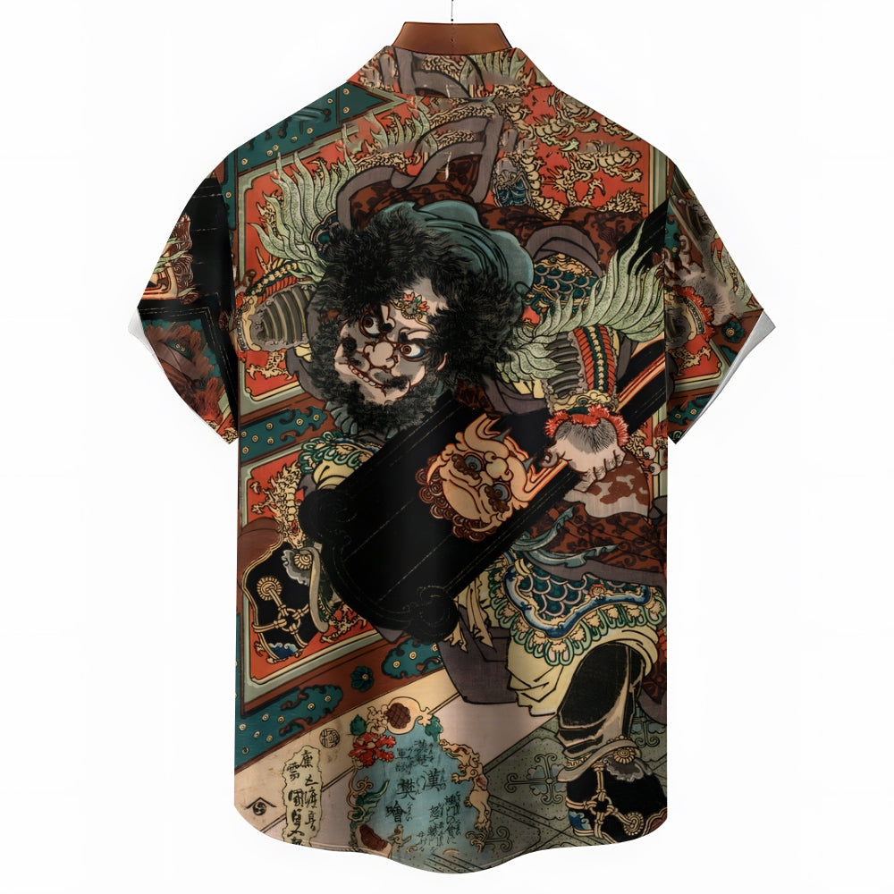 The Chinese Warrior Art Print Casual Oversized Short Sleeve Shirt 2406003334
