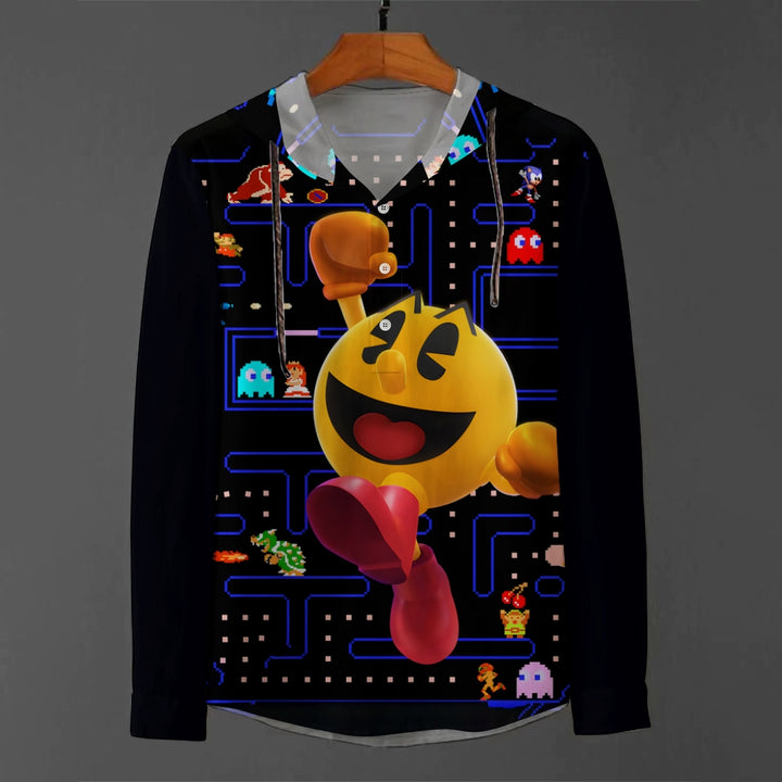 Men's Greedy Bean Print Casual Hooded long-sleeved shirt