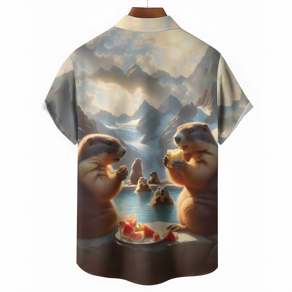 Men's Hawaiian Groundhog Day Print Casual Short Sleeve Shirt 2412004403