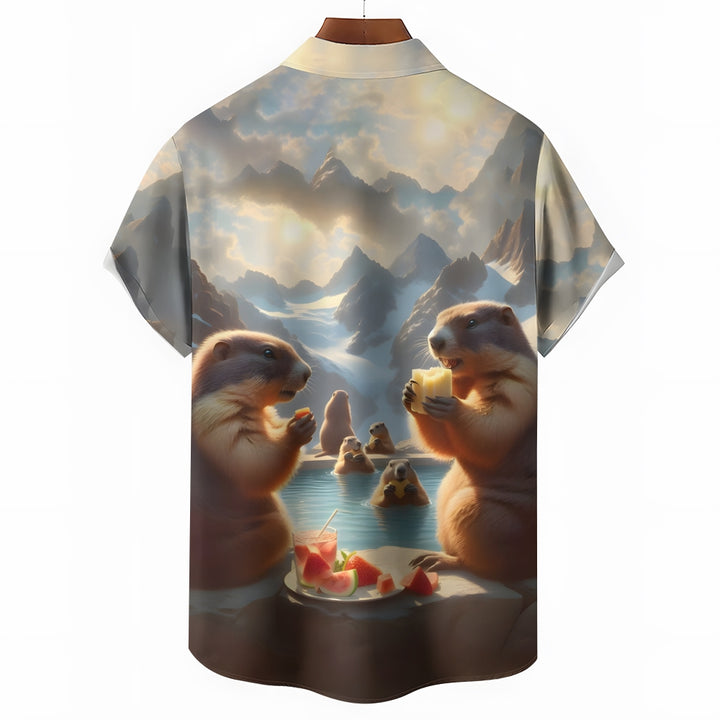 Men's Hawaiian Groundhog Day Print Casual Short Sleeve Shirt 2412004403