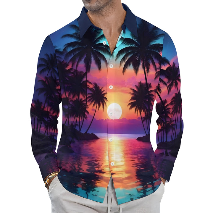 Beach Coconut Tree Sunset Gradient Hawaiian Long Sleeve Shirt 2501001611