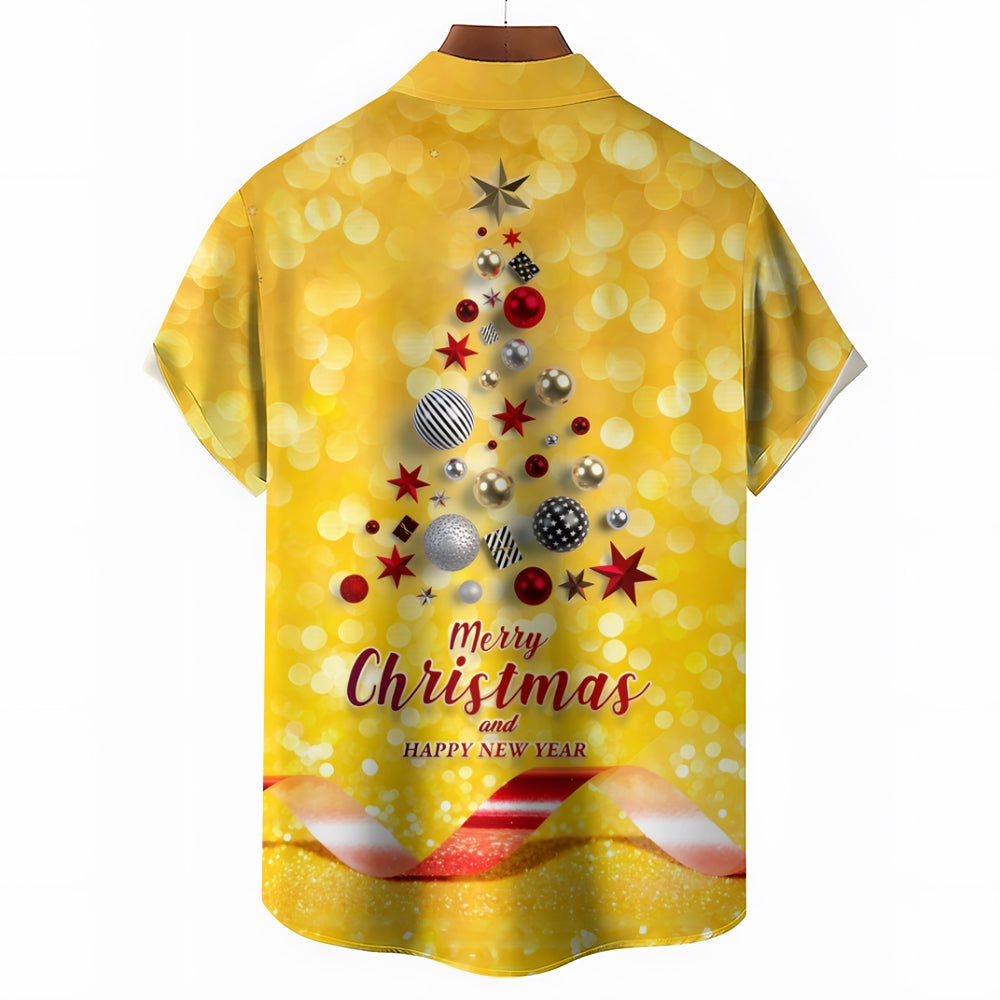 Merry Christmas Balls Christmas Tree Print Short Sleeve Shirt 2411013446