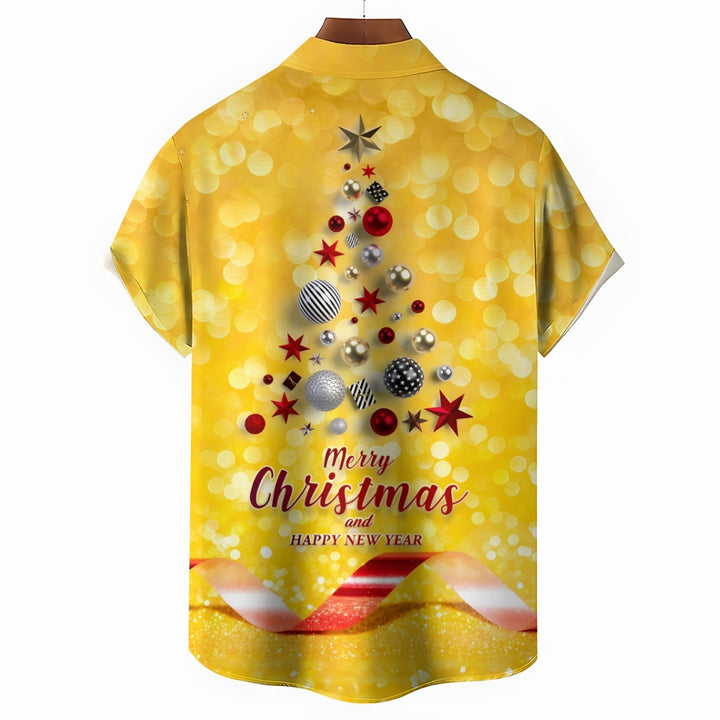Merry Christmas Balls Christmas Tree Print Short Sleeve Shirt 2411013446