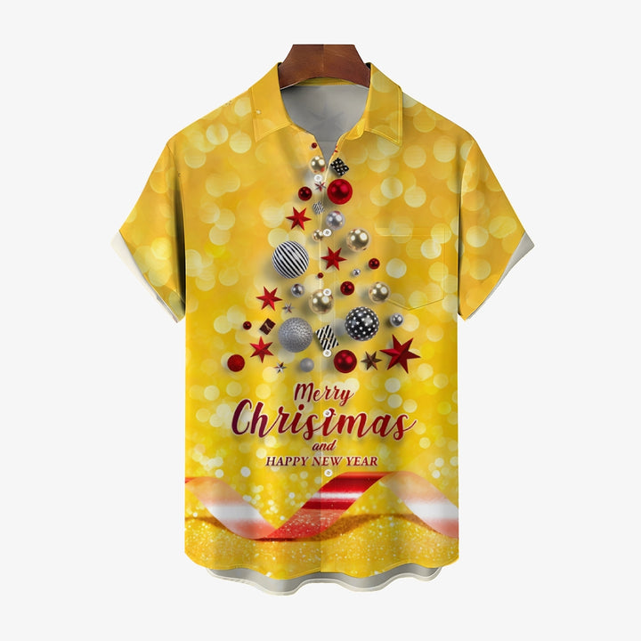 Merry Christmas Balls Christmas Tree Print Short Sleeve Shirt 2411013446
