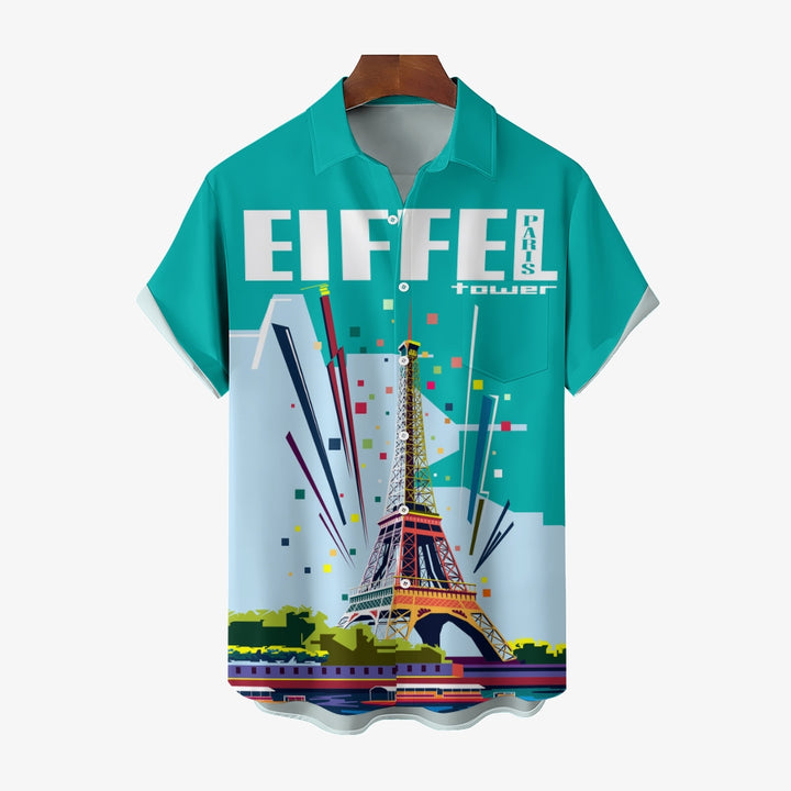 Men's French Eiffel Tower Print Casual Short Sleeve Shirt 2404000551
