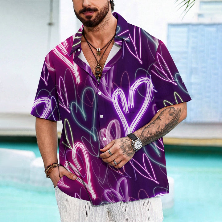 Valentine's Day Neon Heart Print Casual Short Sleeve Shirt 2411012844
