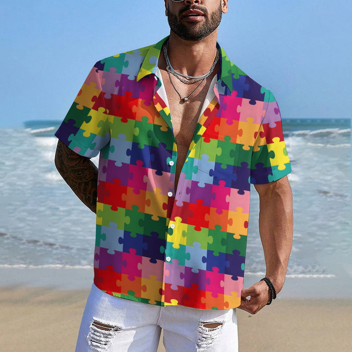 Colorful Puzzle Print Casual Oversized Short-Sleeved Shirt 2407000952