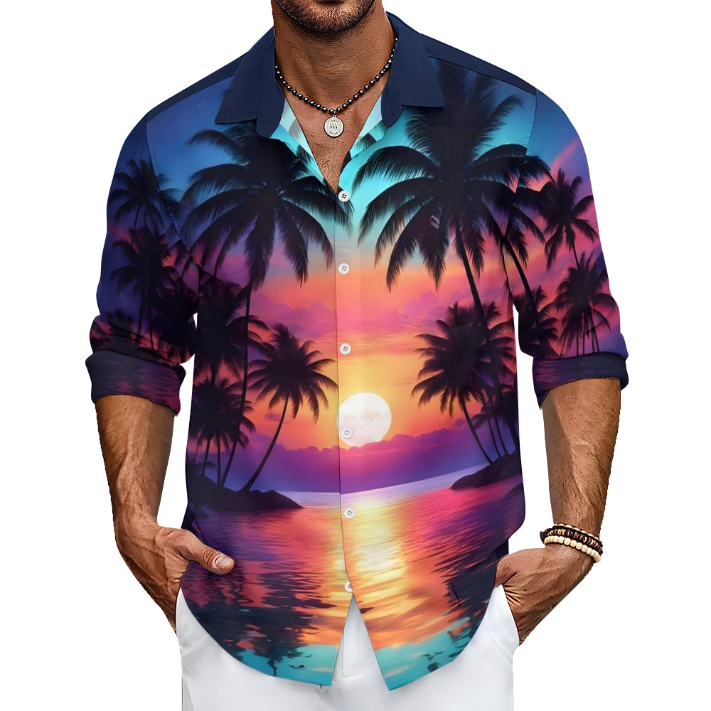 Beach Coconut Tree Sunset Gradient Hawaiian Long Sleeve Shirt 2501001611