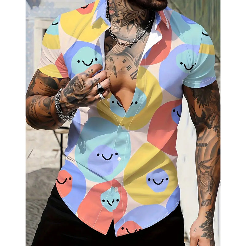 Men's Color Block Cartoon Smile Faces Pattern Shirt