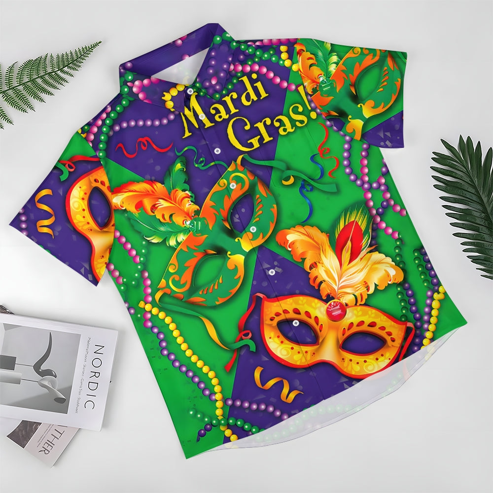 Men's Mardi Gras Mask Print Casual Short Sleeve Shirt 2411012468