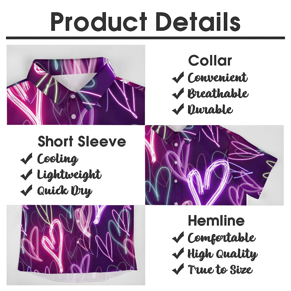 Valentine's Day Neon Heart Print Casual Short Sleeve Shirt 2411012844