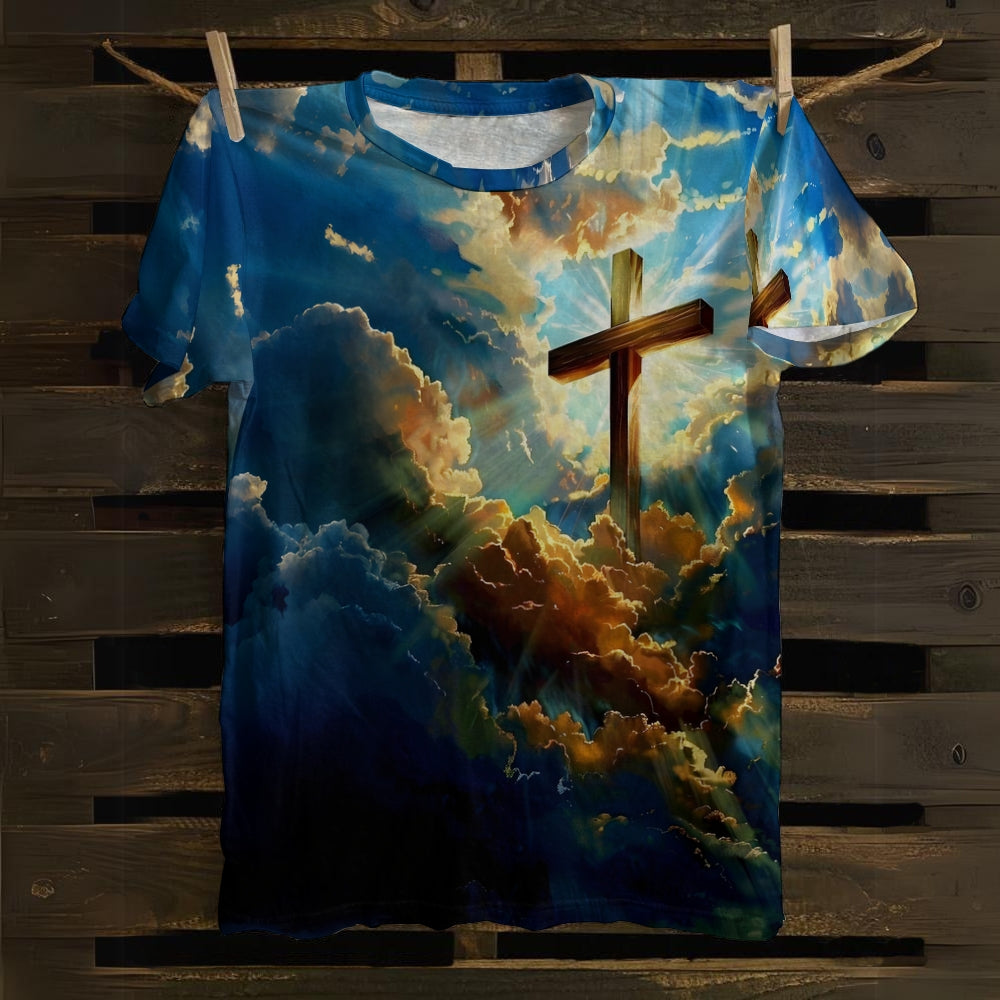 Cloud Cross Printed Casual Easter Short Sleeve T-Shirt