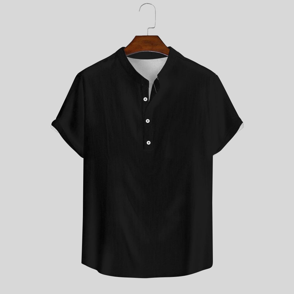 Breathable And Comfortable Cotton And Linen Stand-Up Collar Half-Lapel Short-Sleeved Shirt 2405000991