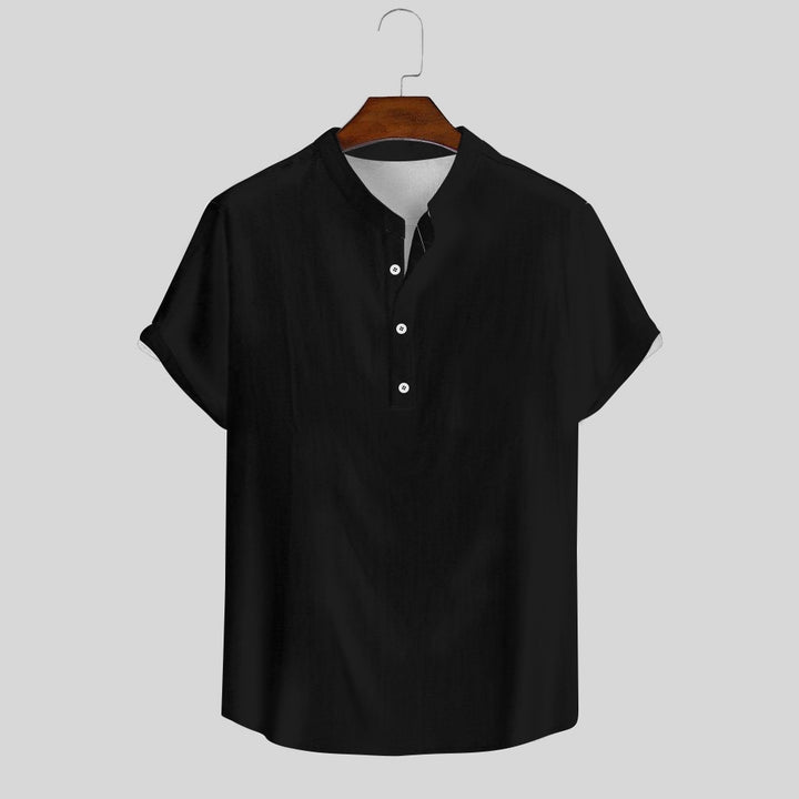 Breathable And Comfortable Cotton And Linen Stand-Up Collar Half-Lapel Short-Sleeved Shirt 2405000991