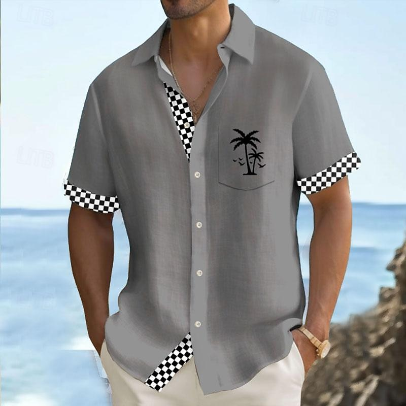 Solid Color Plaid Hawaiian Vacation Print Casual Short-Sleeved Shirt 2406002208