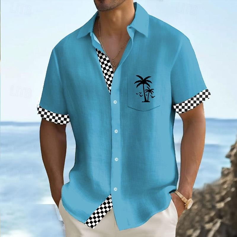 Solid Color Plaid Hawaiian Vacation Print Casual Short-Sleeved Shirt 2406002208