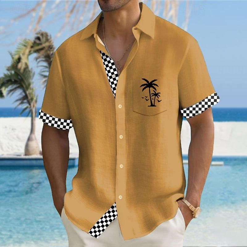 Solid Color Plaid Hawaiian Vacation Print Casual Short-Sleeved Shirt 2406002208