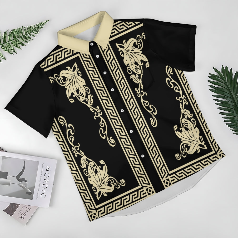 Retro Geometric Gold Floral Print  Casual Vacation Shirt 2406000698