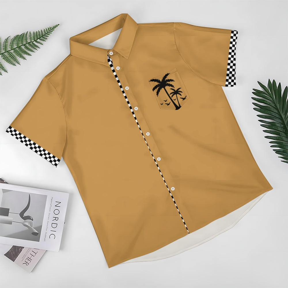 Solid Color Plaid Hawaiian Vacation Print Casual Short-Sleeved Shirt 2406002208