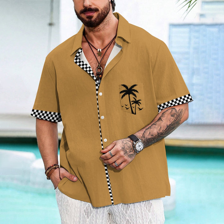 Solid Color Plaid Hawaiian Vacation Print Casual Short-Sleeved Shirt 2406002208