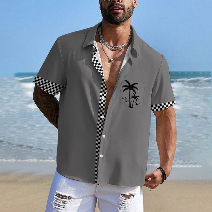 Solid Color Plaid Hawaiian Vacation Print Casual Short-Sleeved Shirt 2406002208