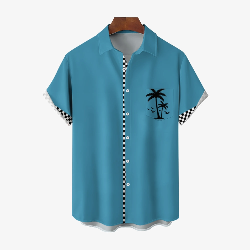 Solid Color Plaid Hawaiian Vacation Print Casual Short-Sleeved Shirt 2406002208