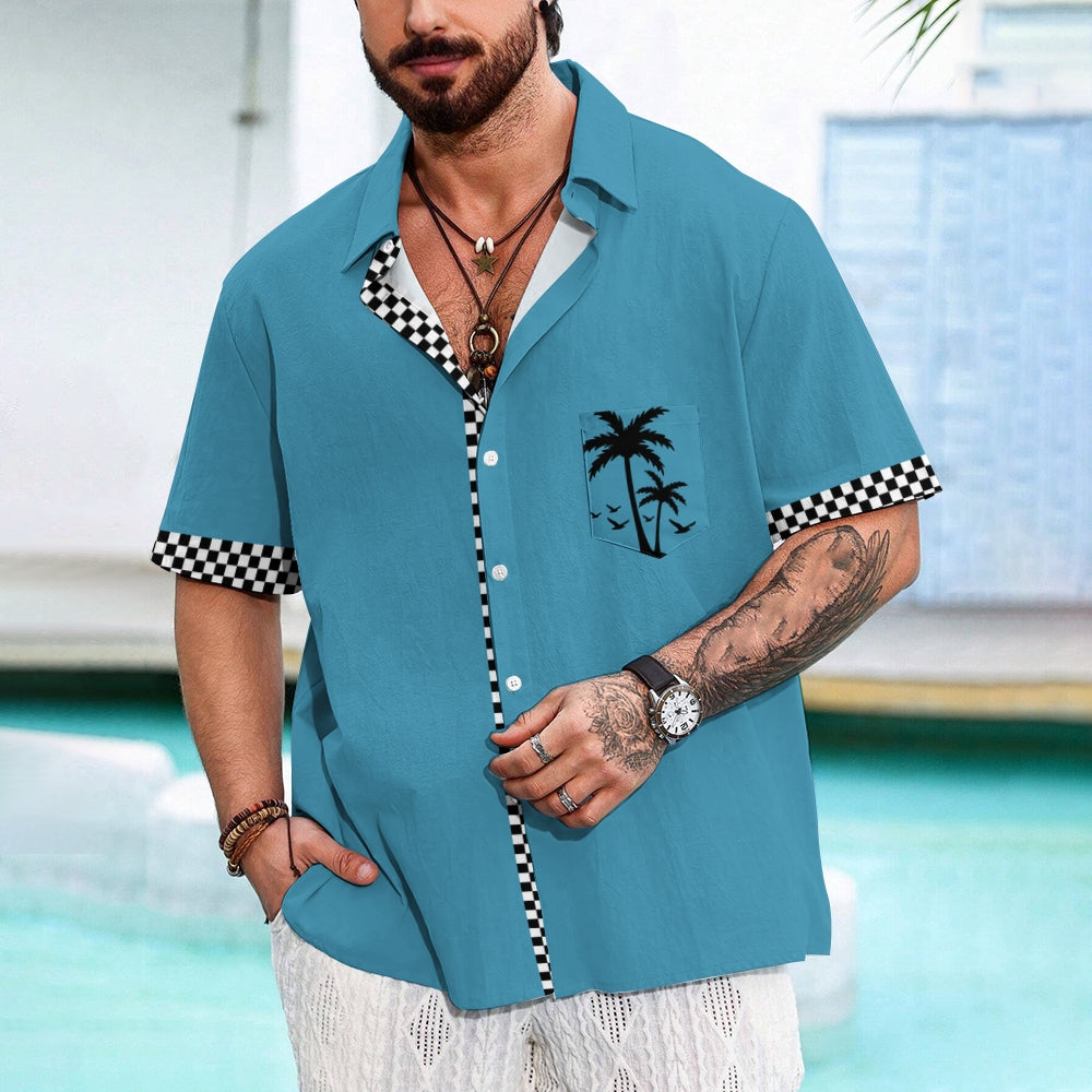 Solid Color Plaid Hawaiian Vacation Print Casual Short-Sleeved Shirt 2406002208