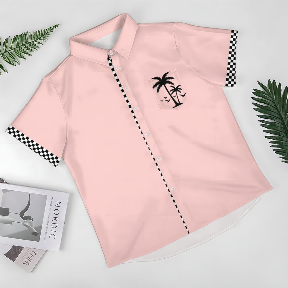 Solid Color Plaid Hawaiian Vacation Print Casual Short-Sleeved Shirt 2406002208