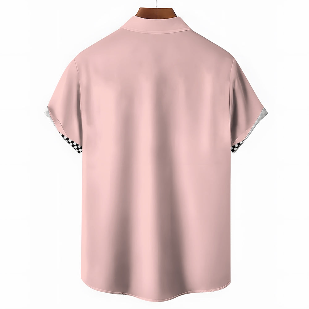 Solid Color Plaid Hawaiian Vacation Print Casual Short-Sleeved Shirt 2406002208