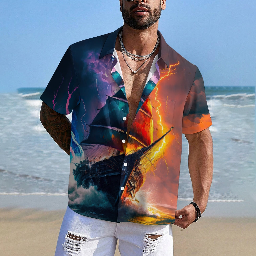Men's 3D Sailboat & Lightning Graphic Print Shirt 2406003071