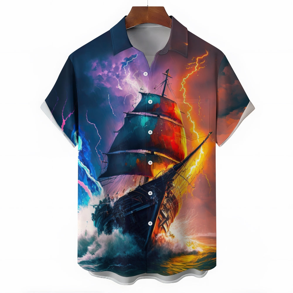 Men's 3D Sailboat & Lightning Graphic Print Shirt 2406003071