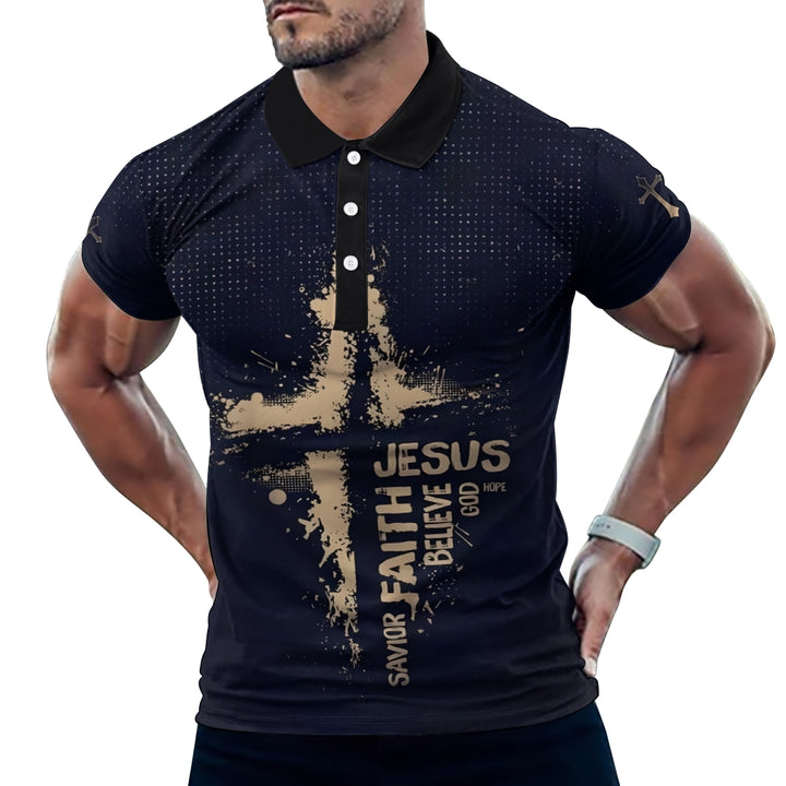 Jesus Cross Letter Printed Short Sleeve Polo Shirt 2407001167