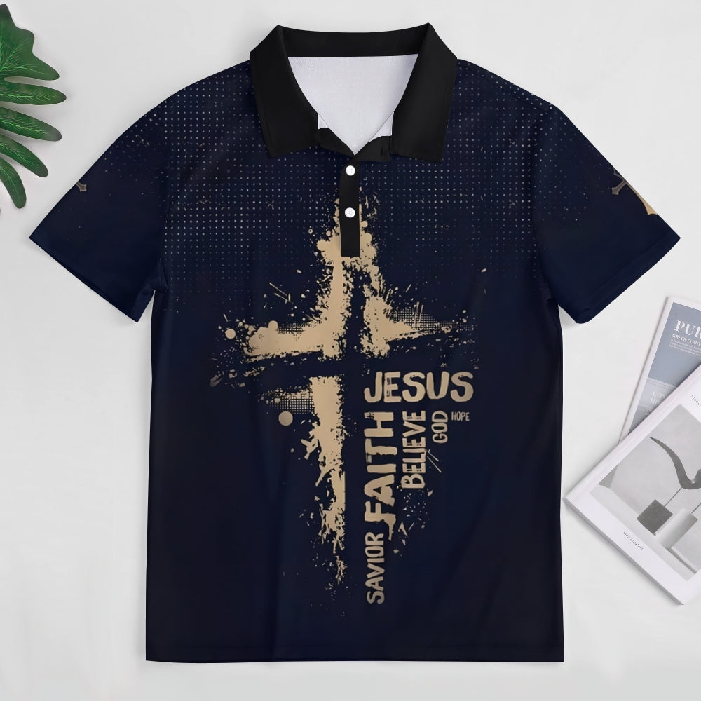 Jesus Cross Letter Printed Short Sleeve Polo Shirt 2407001167