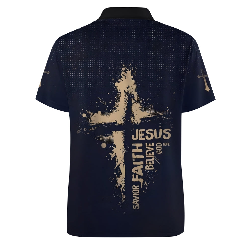 Jesus Cross Letter Printed Short Sleeve Polo Shirt 2407001167