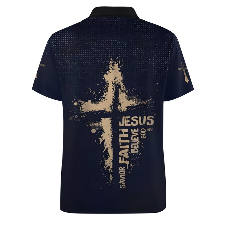 Jesus Cross Letter Printed Short Sleeve Polo Shirt 2407001167