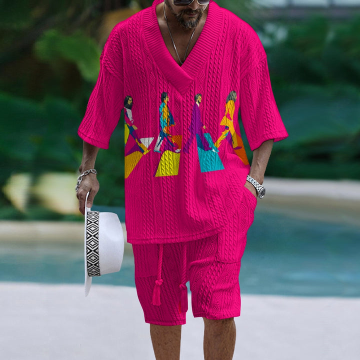 Men's V-Neck Luxury Color Block Musical Texture Print Shorts Set 2407001357