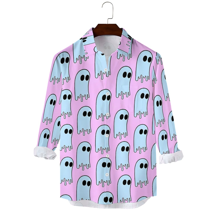 Retro Blue Purple Ghost Print Long Sleeve Shirt 2407005371
