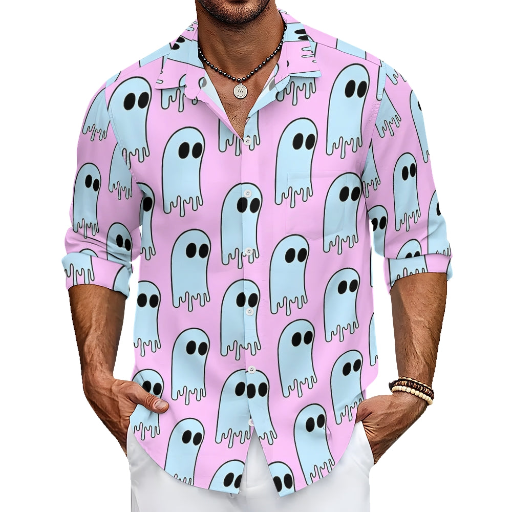 Retro Blue Purple Ghost Print Long Sleeve Shirt 2407005371