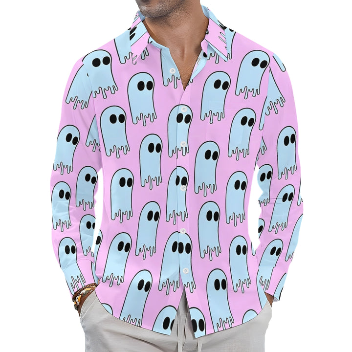 Retro Blue Purple Ghost Print Long Sleeve Shirt 2407005371