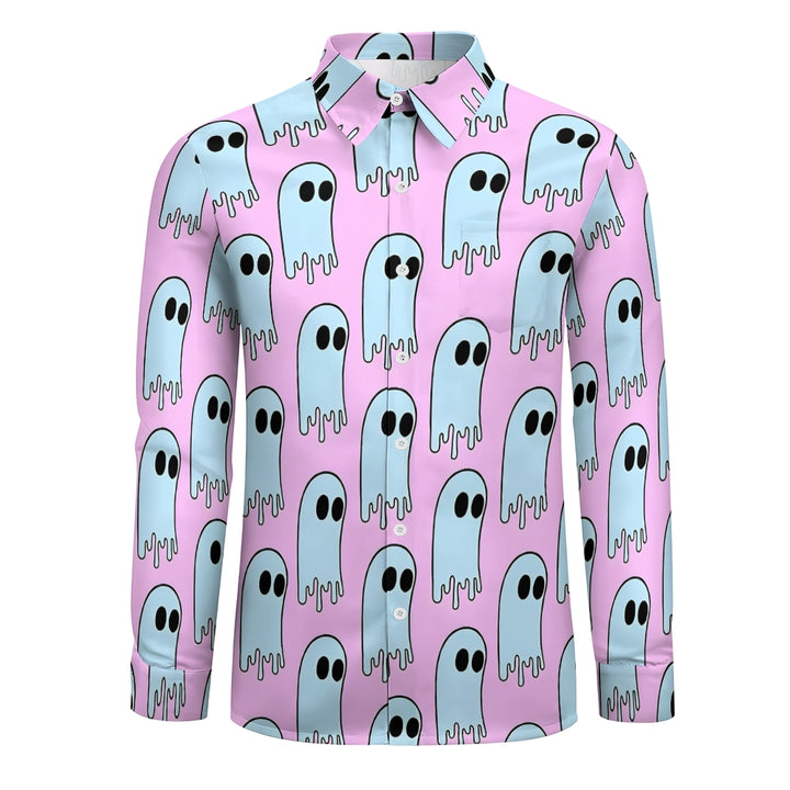 Retro Blue Purple Ghost Print Long Sleeve Shirt 2407005371