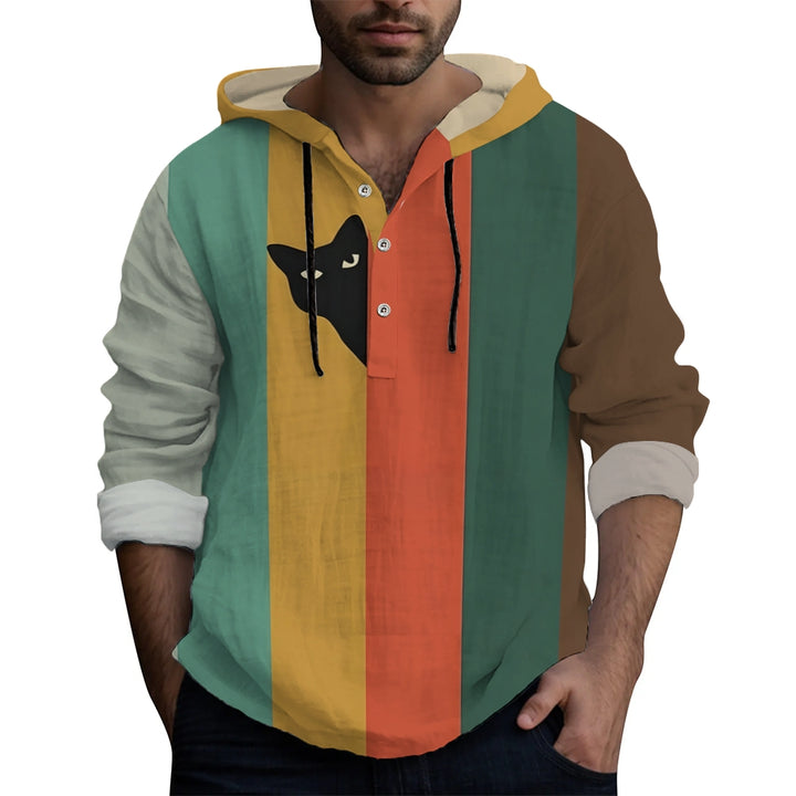 Men's Fun Cat Color Matching Art Printed Hooded Shirt 2408003245