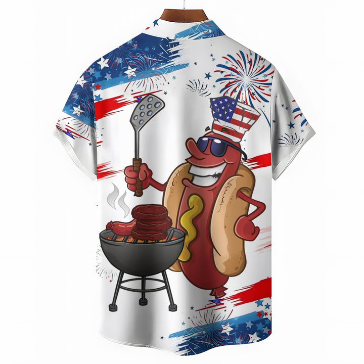 American Flag Cartoon Hot Dog Sausage BBQ Print Short Sleeve Shirt 2409001359