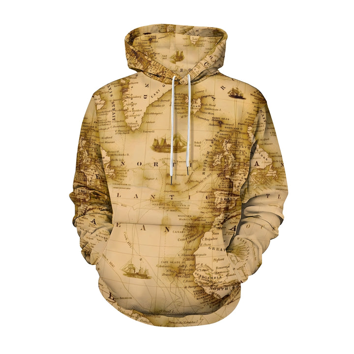 Unisex Casual Vintage Map Pocket Hoodie 2308100068