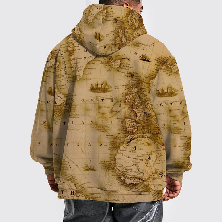 Unisex Casual Vintage Map Pocket Hoodie 2308100068