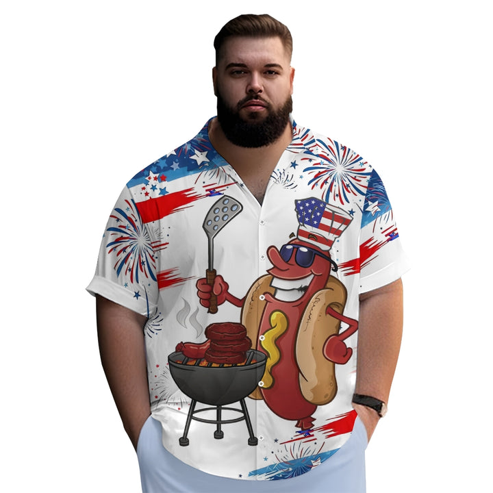 American Flag Cartoon Hot Dog Sausage BBQ Print Short Sleeve Shirt 2409001359