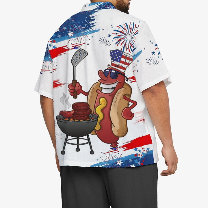 American Flag Cartoon Hot Dog Sausage BBQ Print Short Sleeve Shirt 2409001359