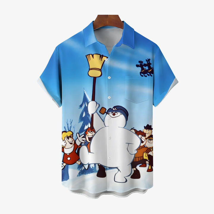 Christmas Snowman Chest Pocket Casual Short Sleeve Shirt 2411005486