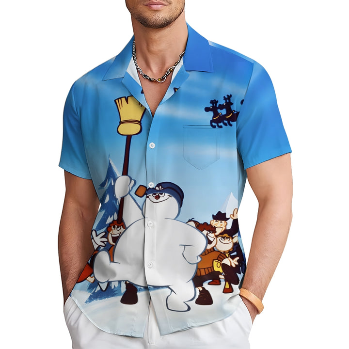 Christmas Snowman Chest Pocket Casual Short Sleeve Shirt 2411005486
