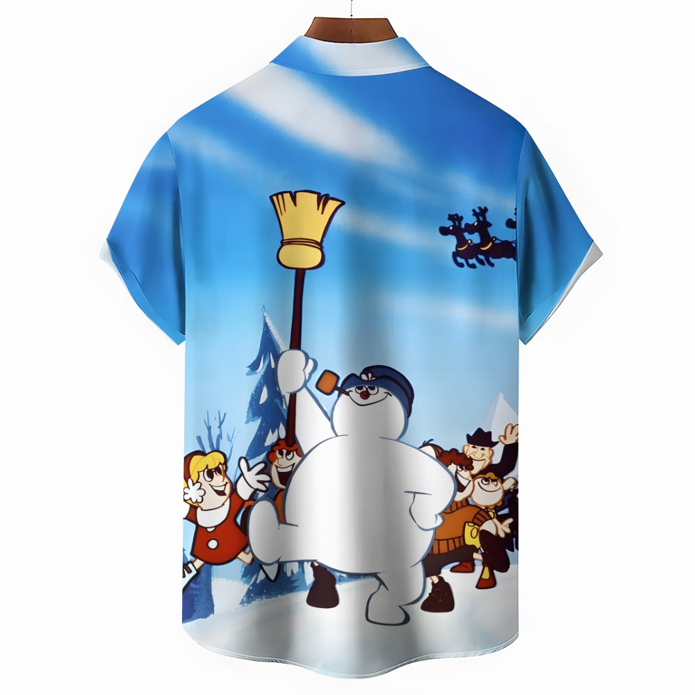 Christmas Snowman Chest Pocket Casual Short Sleeve Shirt 2411005486