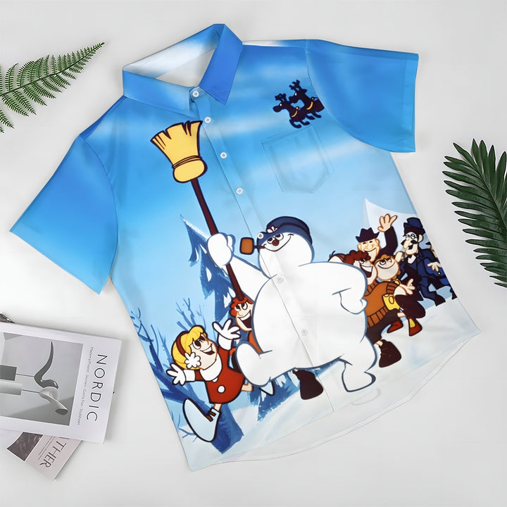 Christmas Snowman Chest Pocket Casual Short Sleeve Shirt 2411005486